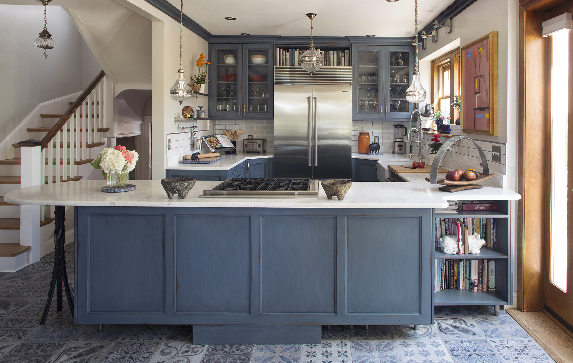 Elegant blue custom-made cabinets for high-end kitchen by William Ohs in Denver