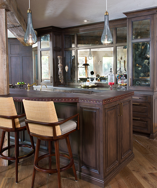 Wooden custom-made cabinets for home wet bar by William Ohs in Denver