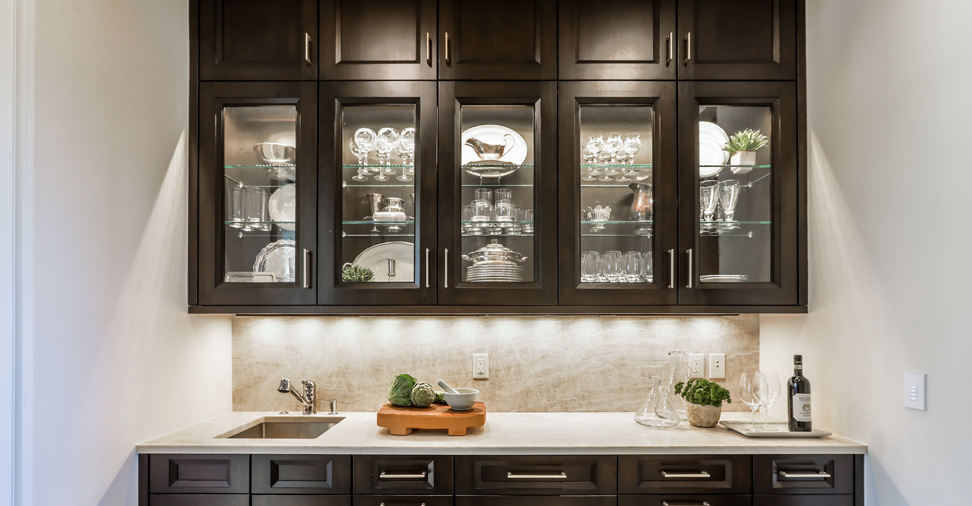 dark kitchen cabinets with glass