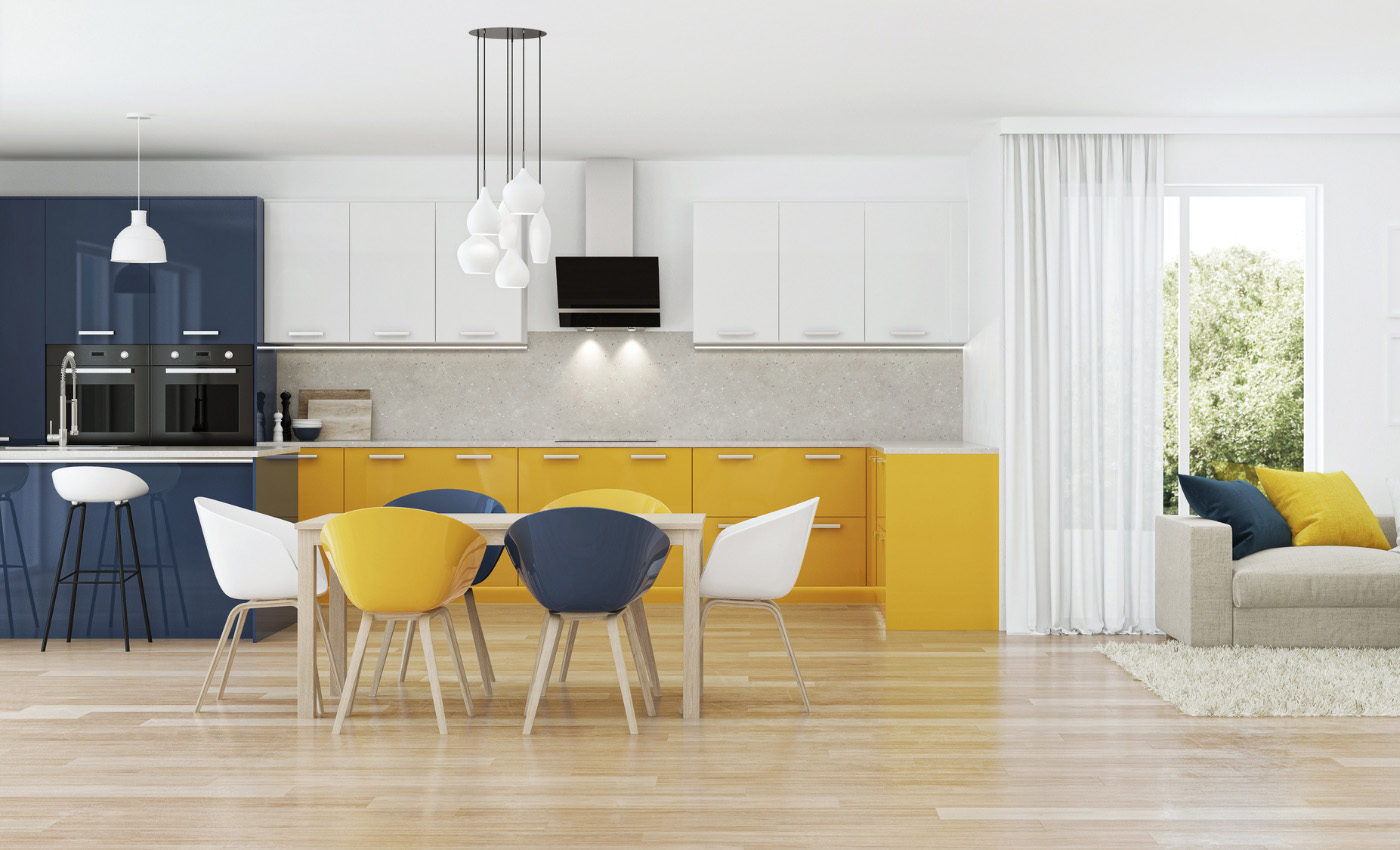 Modern kitchen with yellow cupboards