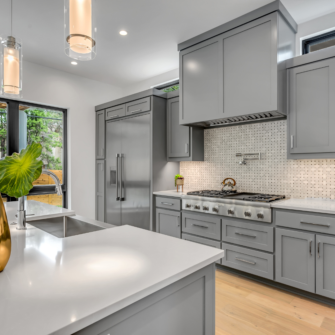 kitchen with grey modern shaker cabinets