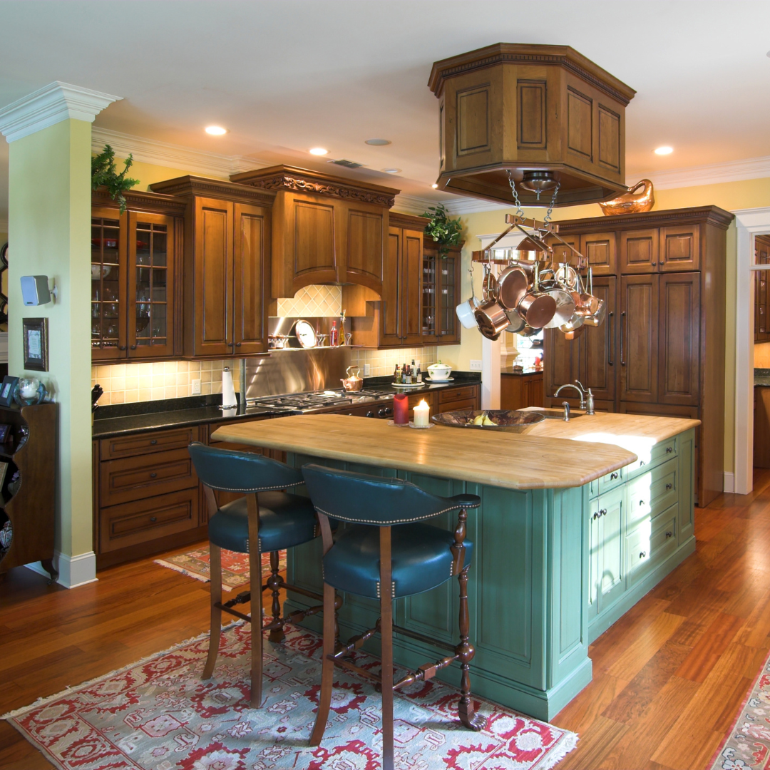 traditional kitchen with butcher block counter