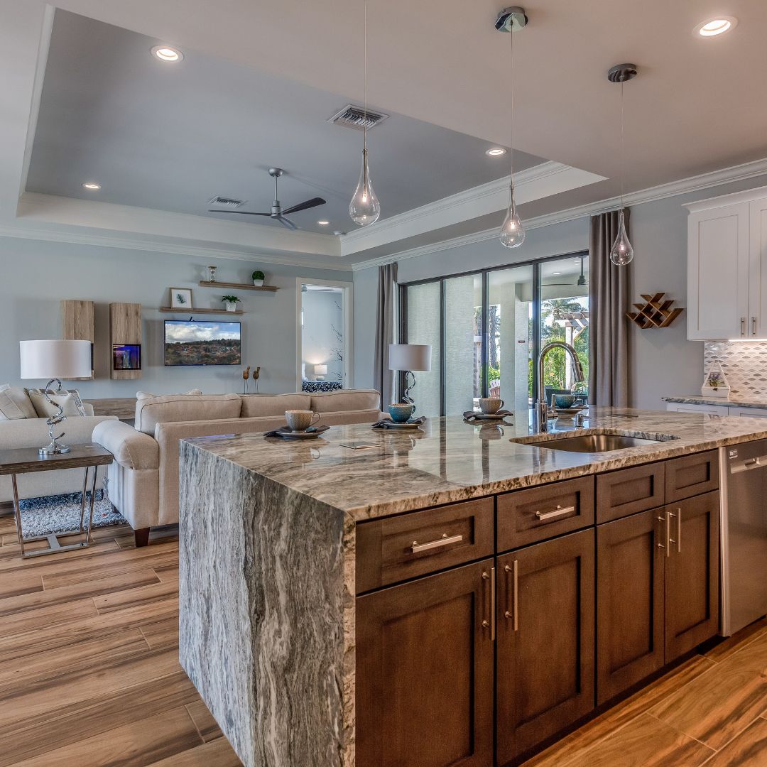 kitchen counter with waterfall edge marble