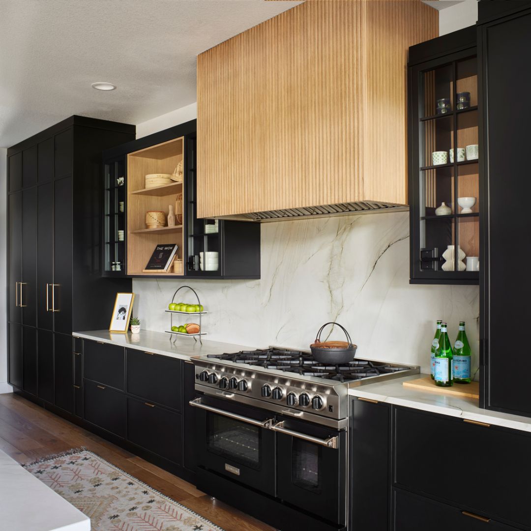 custom black and light tan wooden cabinets